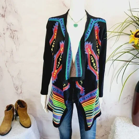 First Nice Tribal Pattern Soft Knit colorful open draped cardigan sweater - Picture 6 of 8